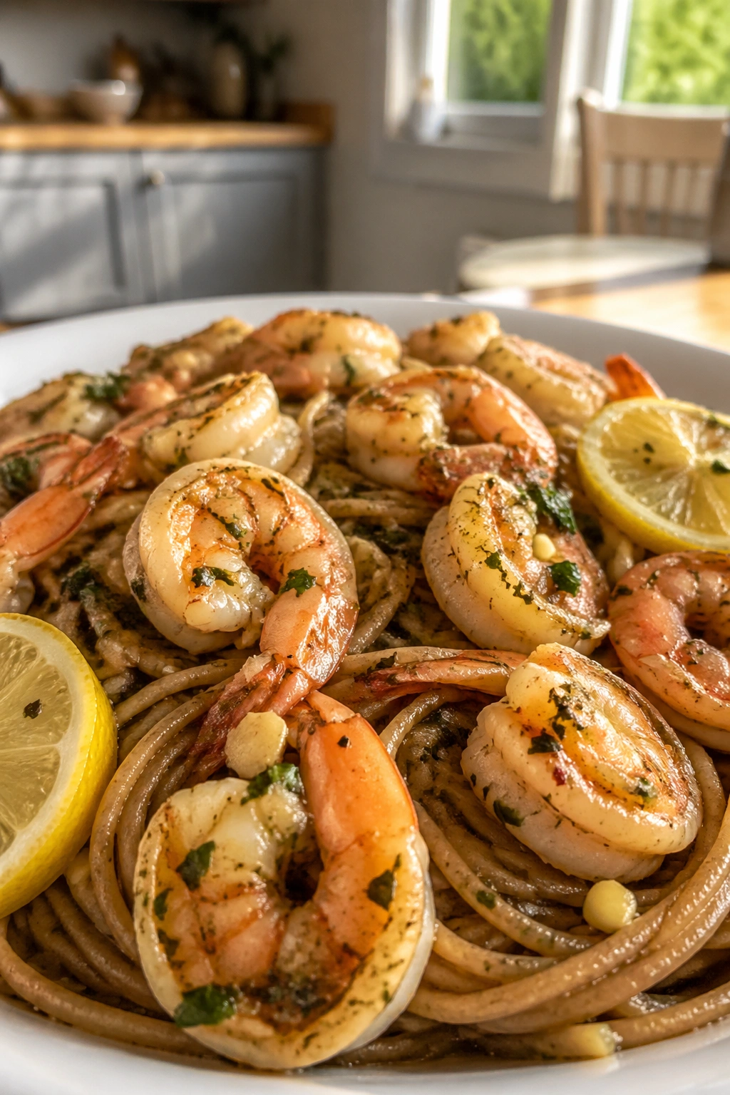 Close-up of shrimp scampi with whole wheat pasta on a plate
