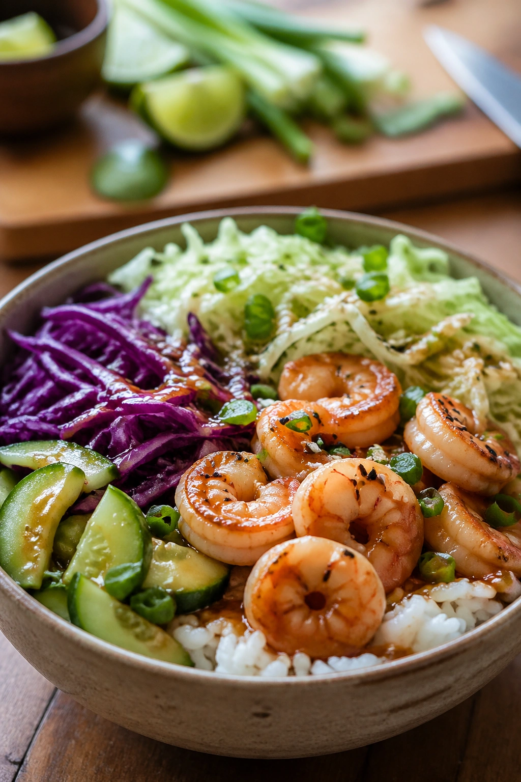 Close-up shrimp rice bowl with crunchy vegetables.