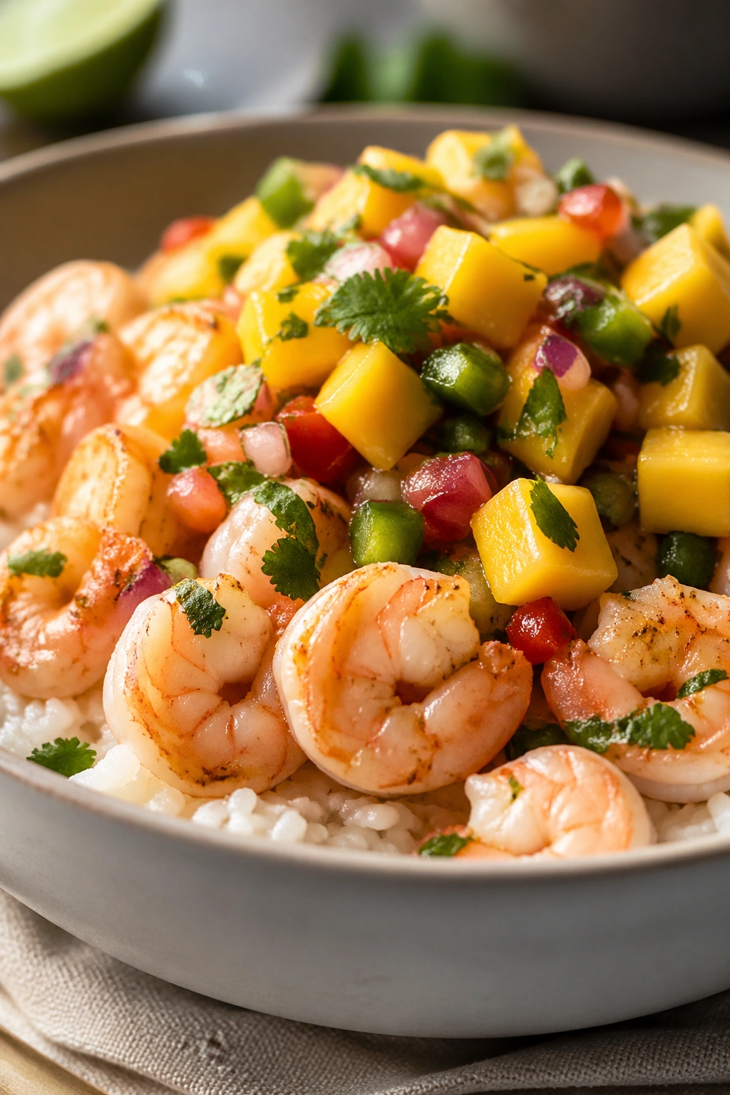 Bright shrimp bowl with rice and mango salsa in a sunny kitchen setting