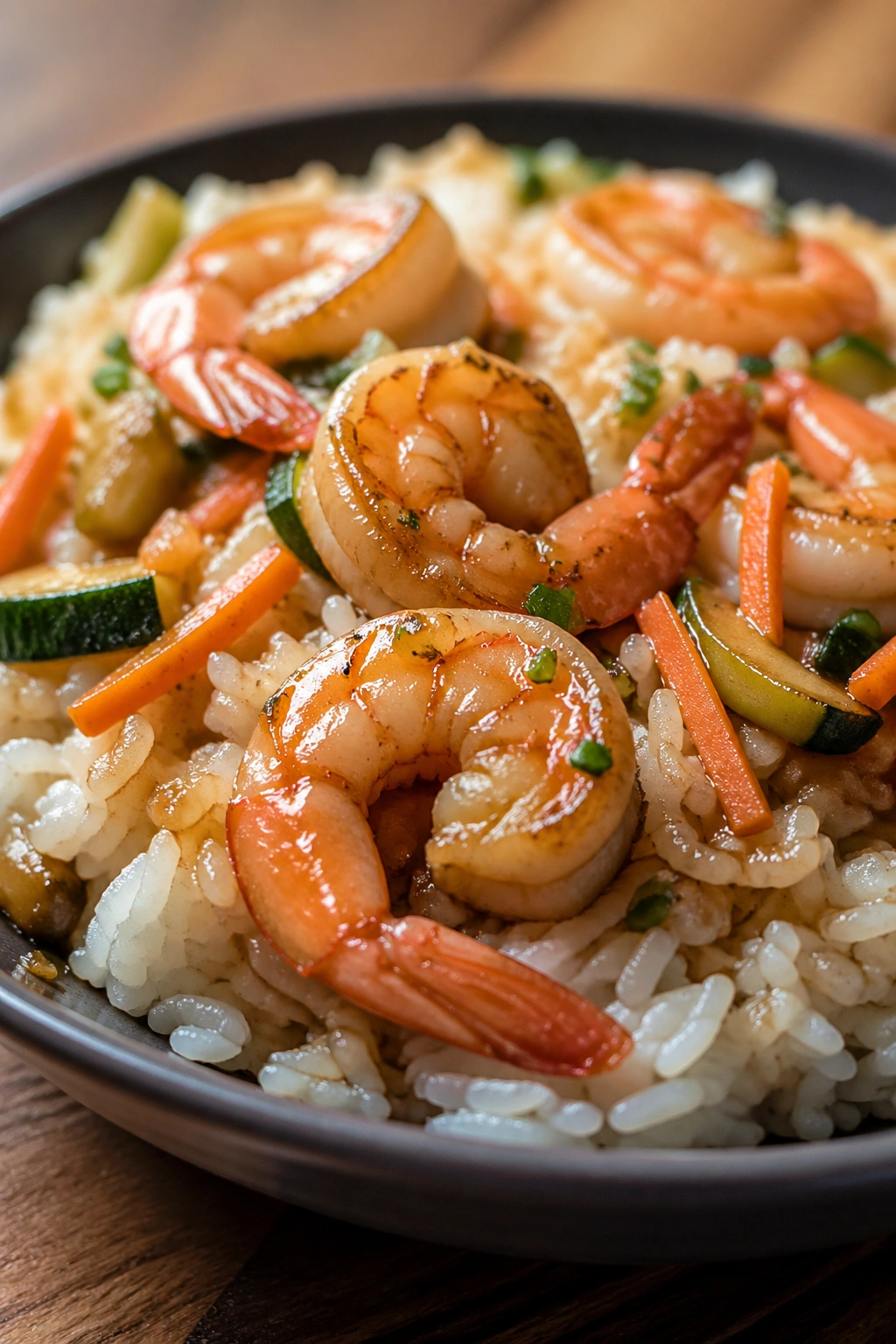 Close-up of shrimp and white rice stir-fry in a bowl