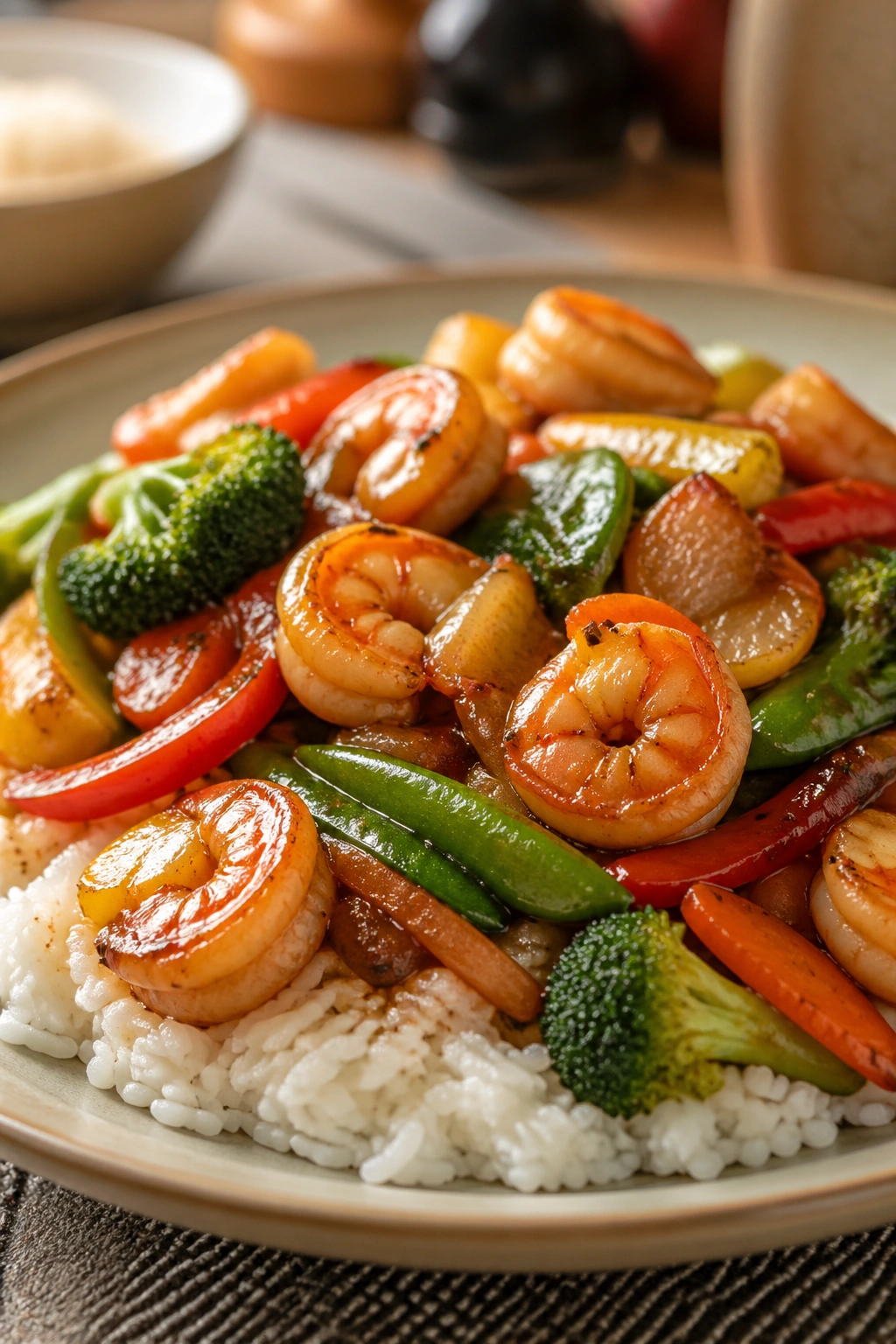 Close-up shrimp stir-fry over jasmine rice