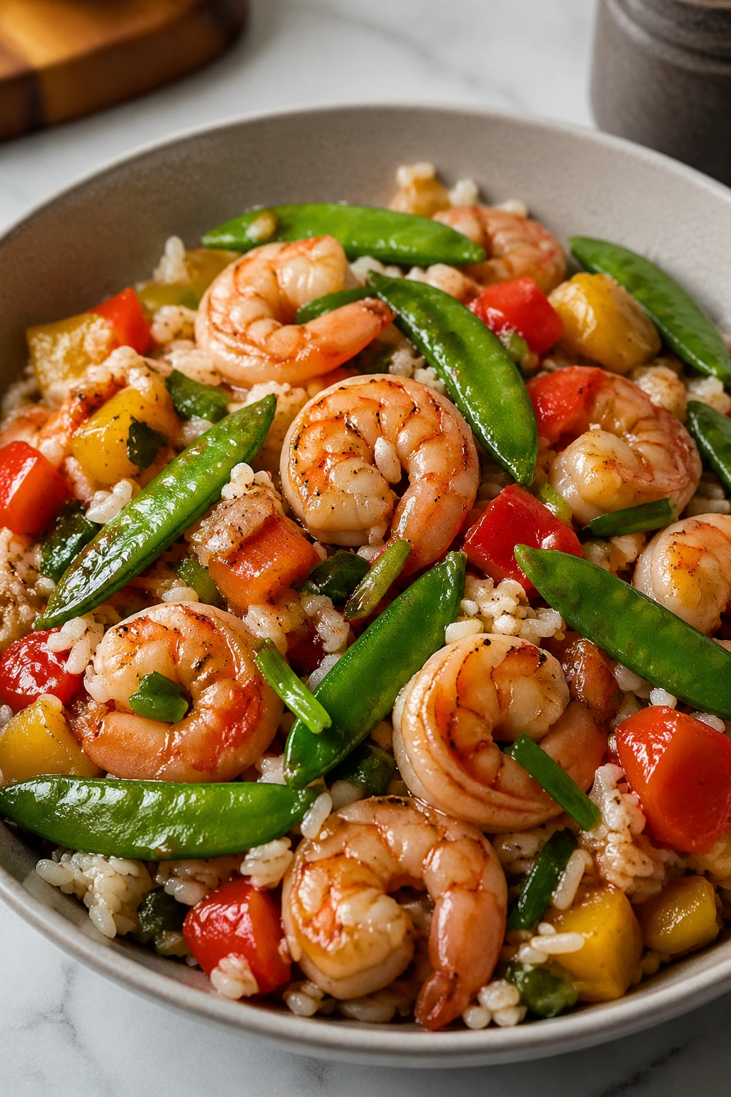 Close-up of shrimp stir-fry with rice and snap peas