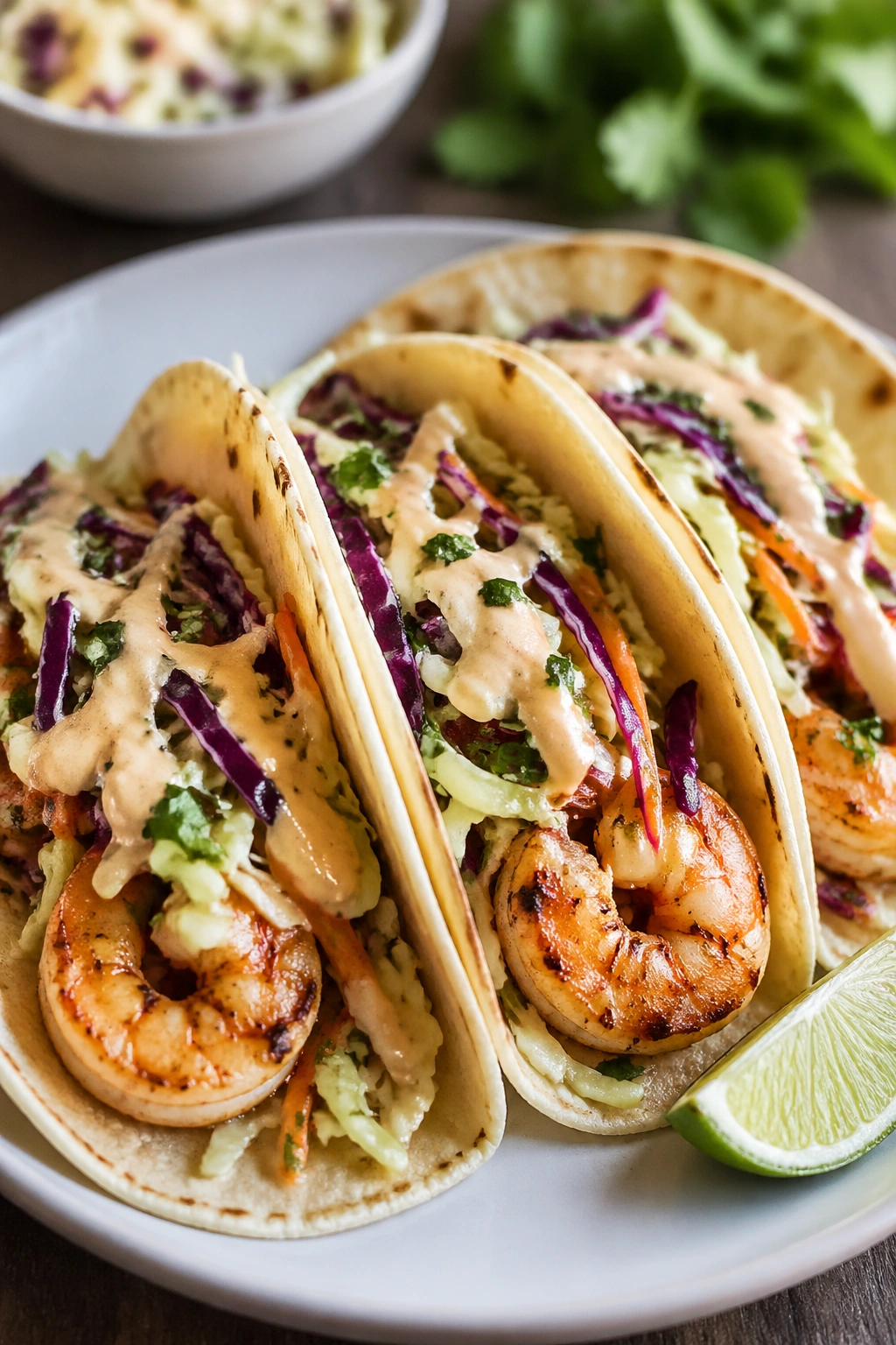 Shrimp tacos with cabbage slaw on a plate