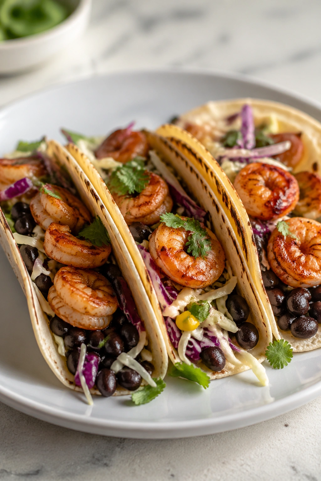 Close-up of Shrimp Tacos with Cabbage Slaw and Black Beans