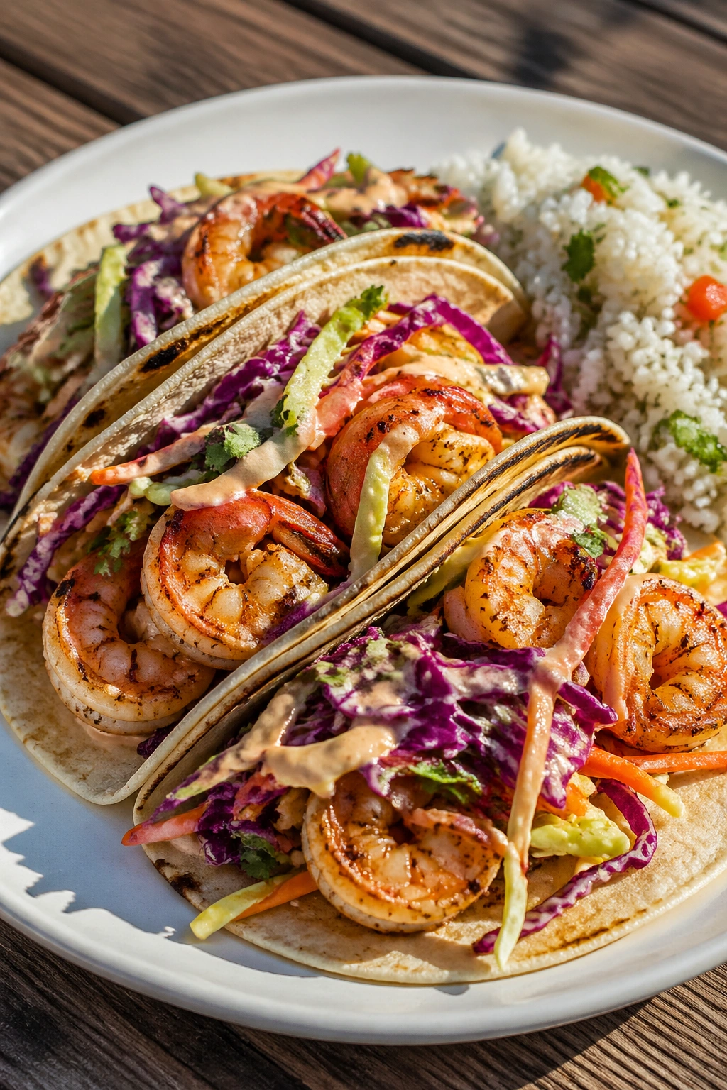 Close-up of shrimp tacos with slaw and rice on a plate