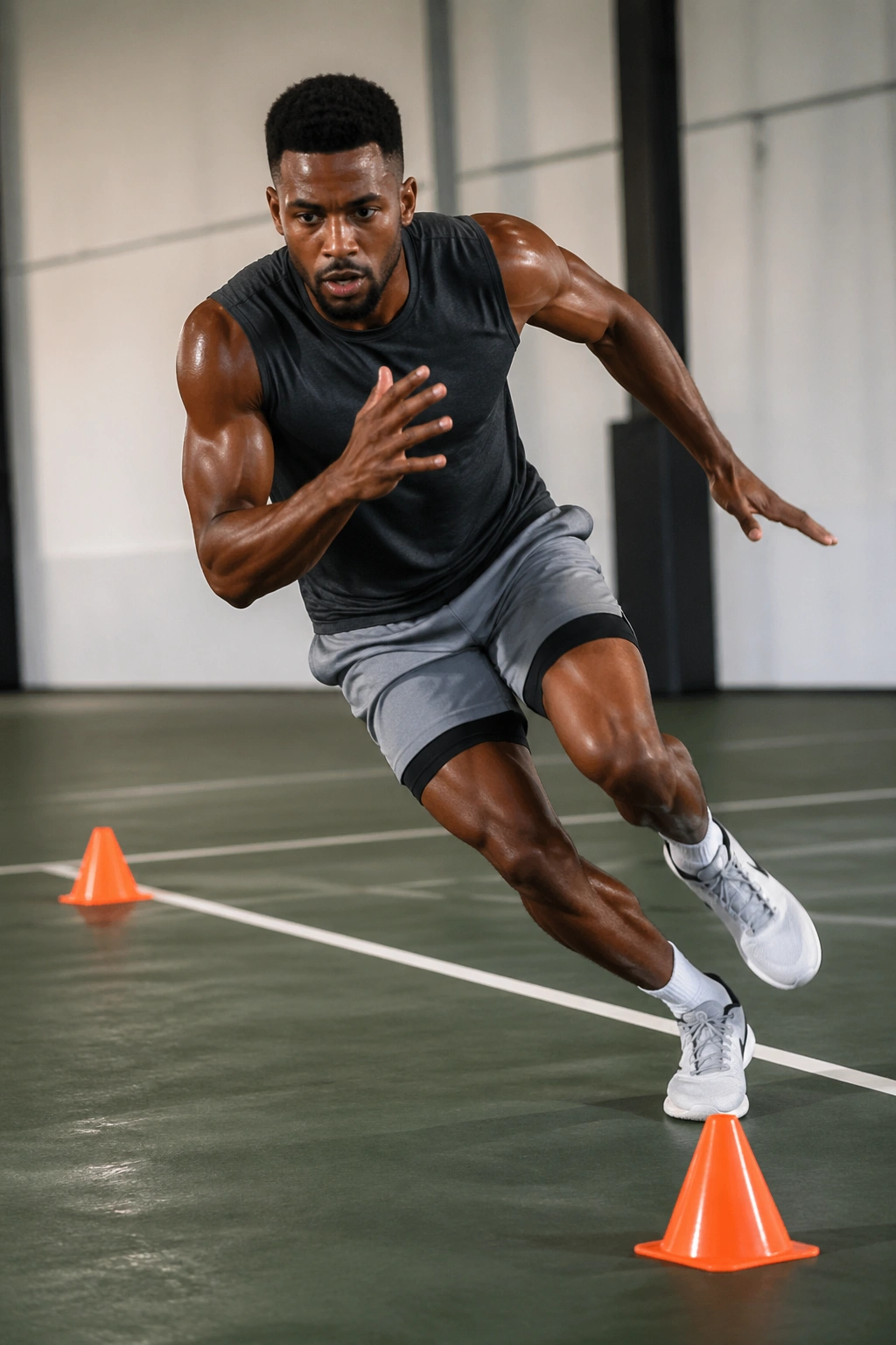 Athlete performing shuttle run repeats between floor markers in a gym
