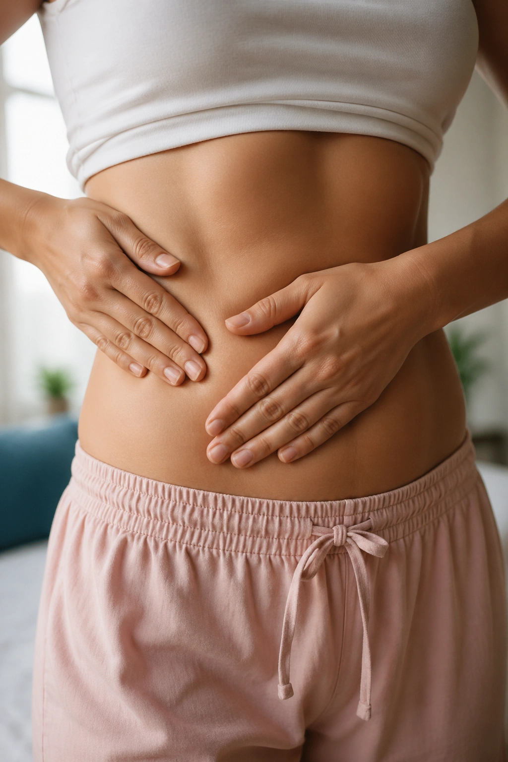 Hands performing side-to-center contour strokes on the abdomen