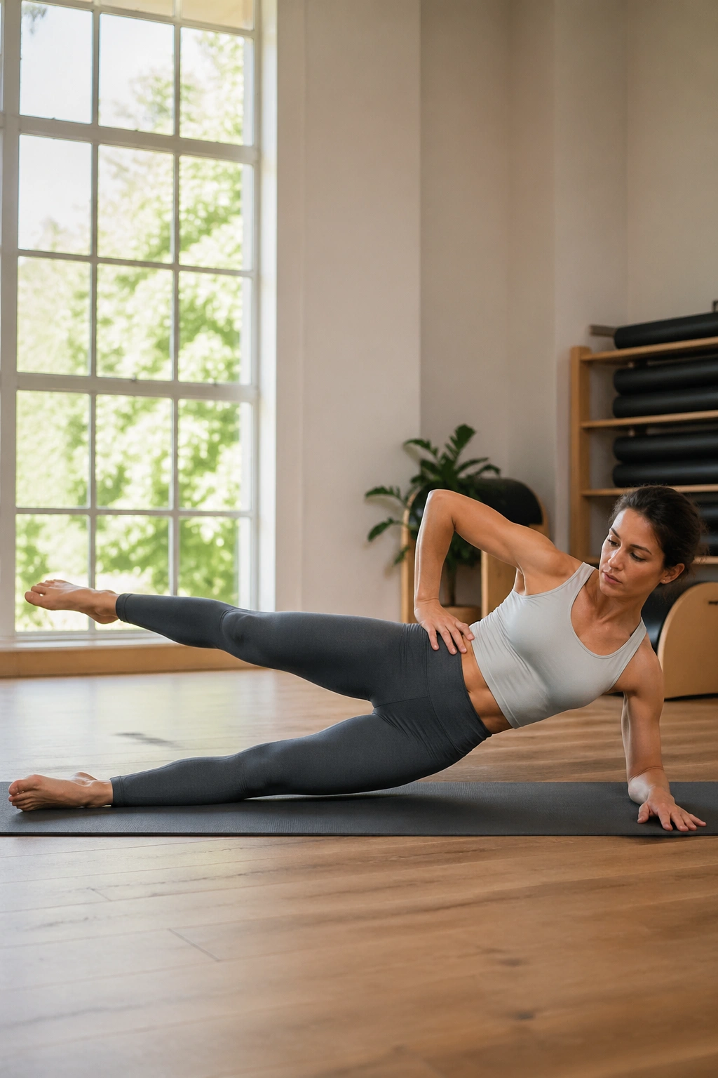 Side-lying Pilates scene showing the top leg kicks in Side Kick Series with a lifted waist