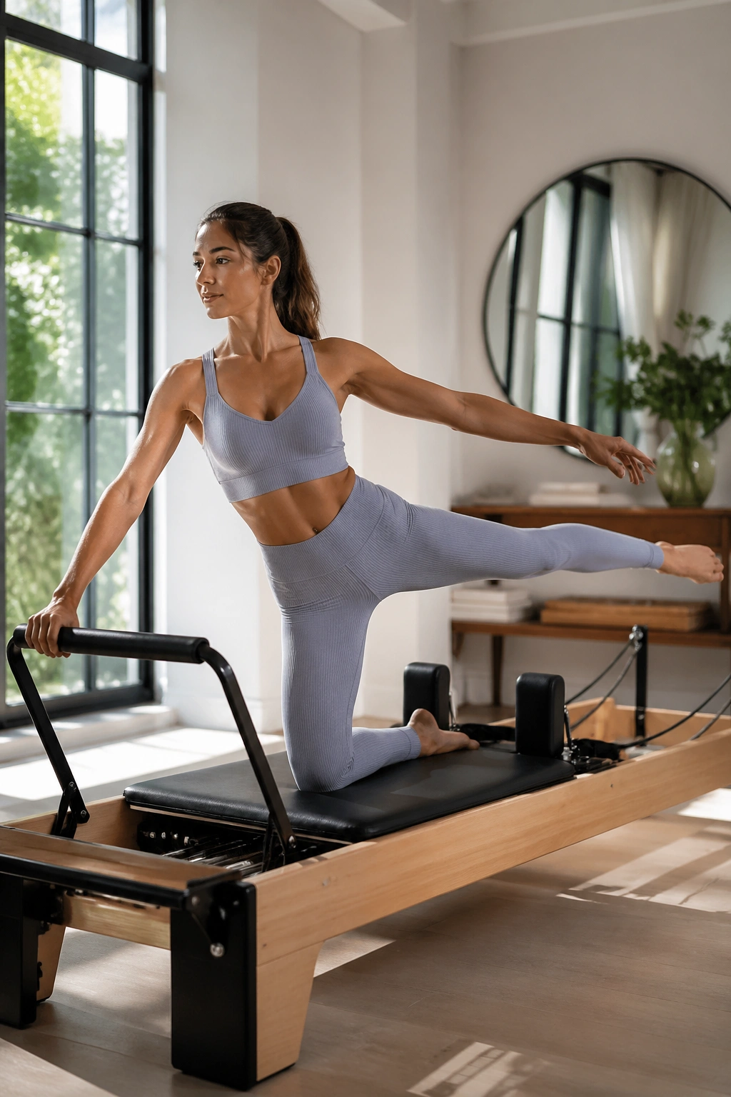 Side-Kneeling Arabesque on a reformer with extended leg behind