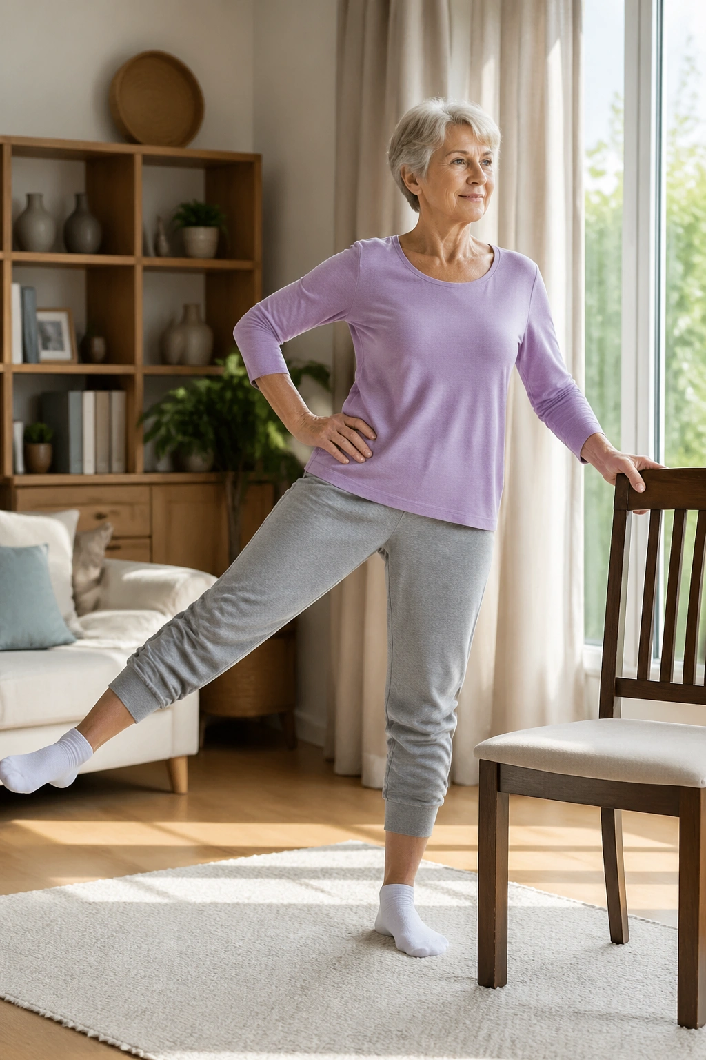 Senior performing side leg lift with chair for balance in a living room