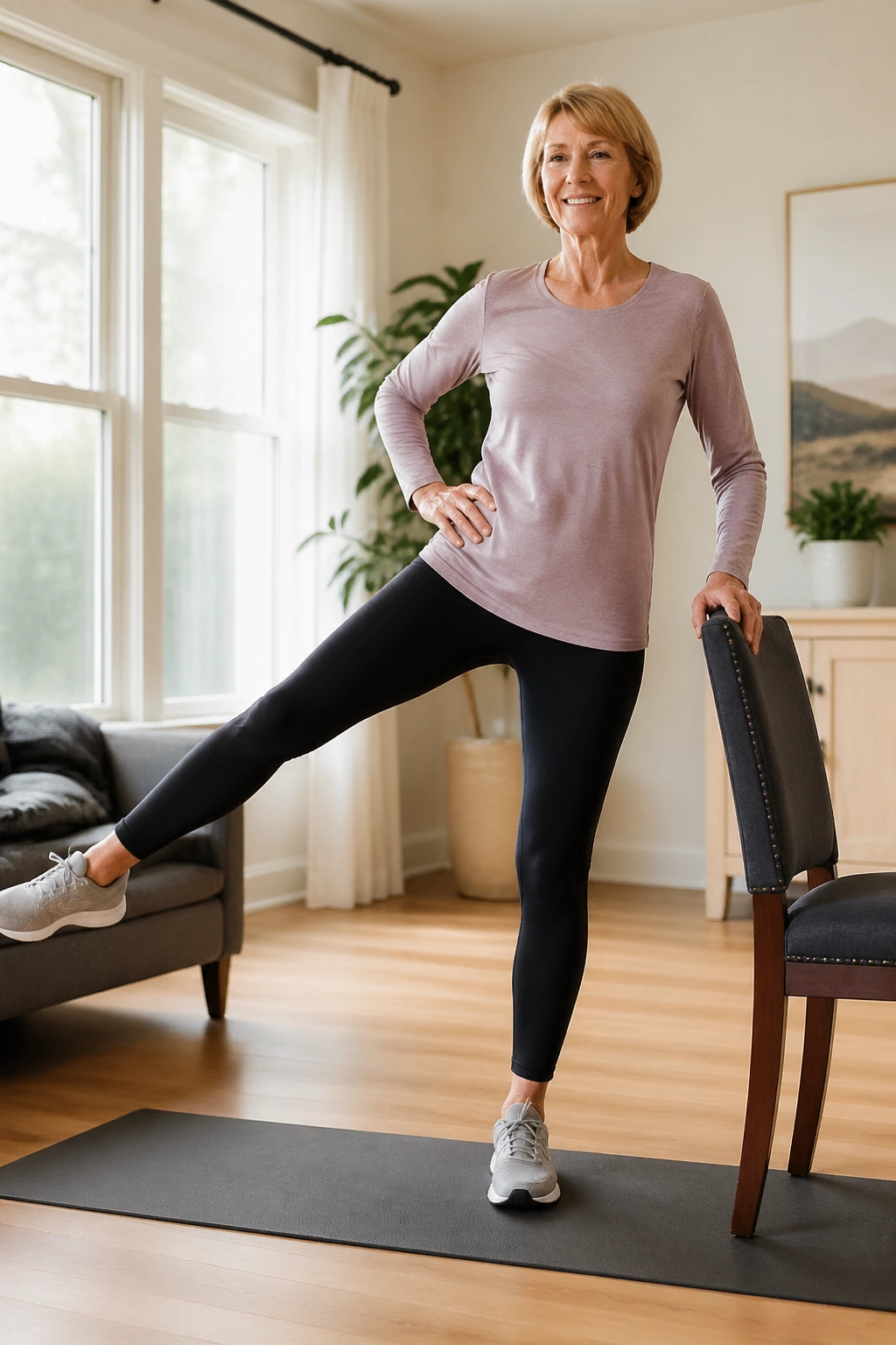 Senior performing side leg lifts next to a chair