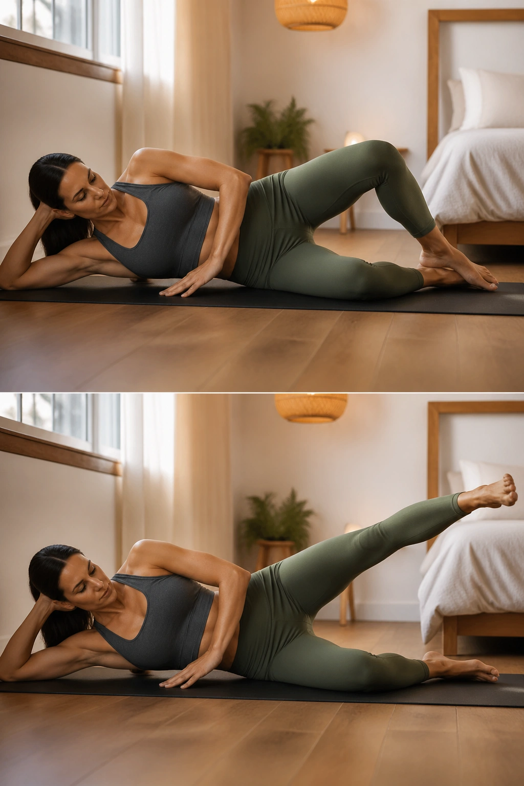 Side-lying hip work demonstrating clam and leg lift to target glute med