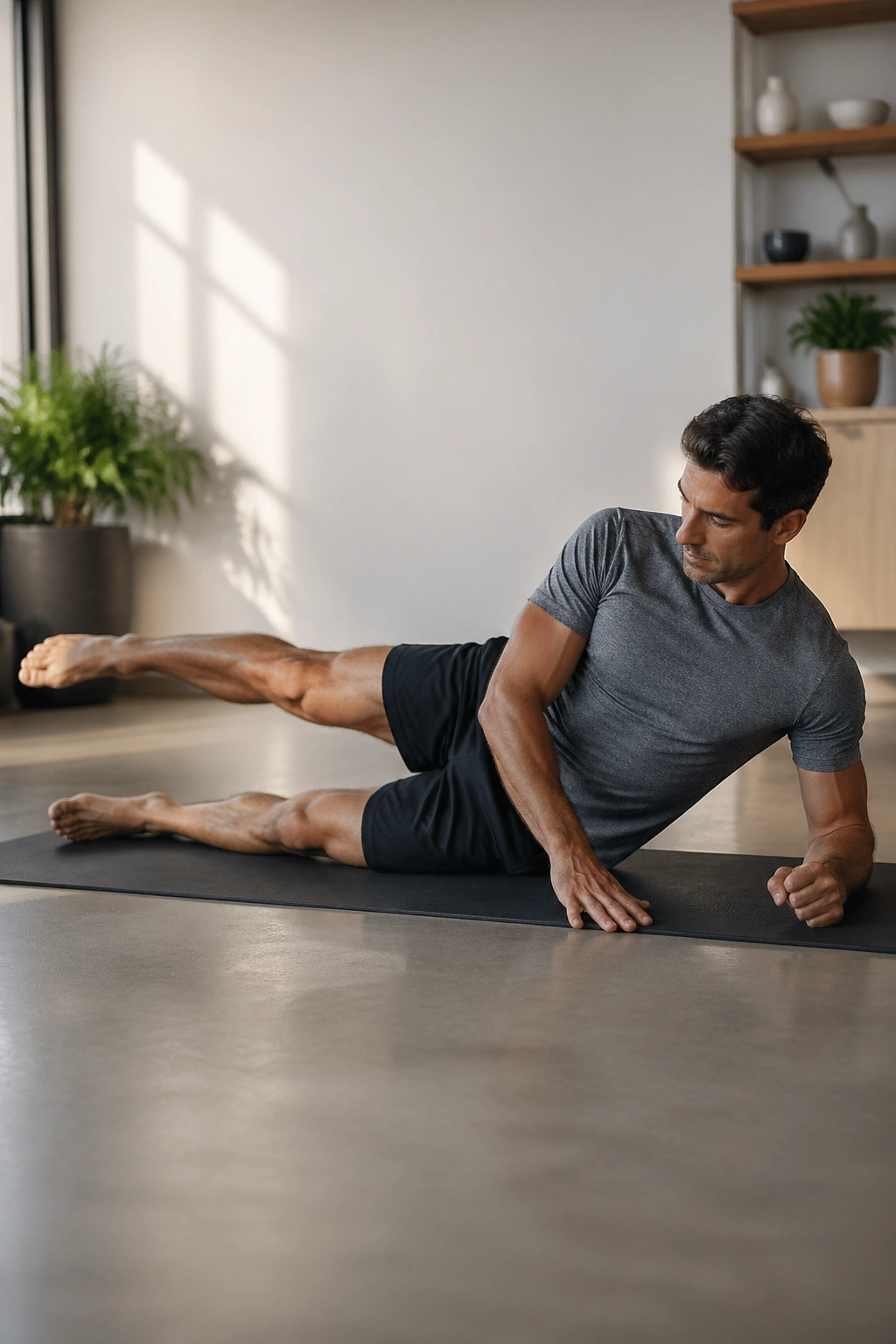 Side-lying hip series with top leg lifted, hip stacking frame.