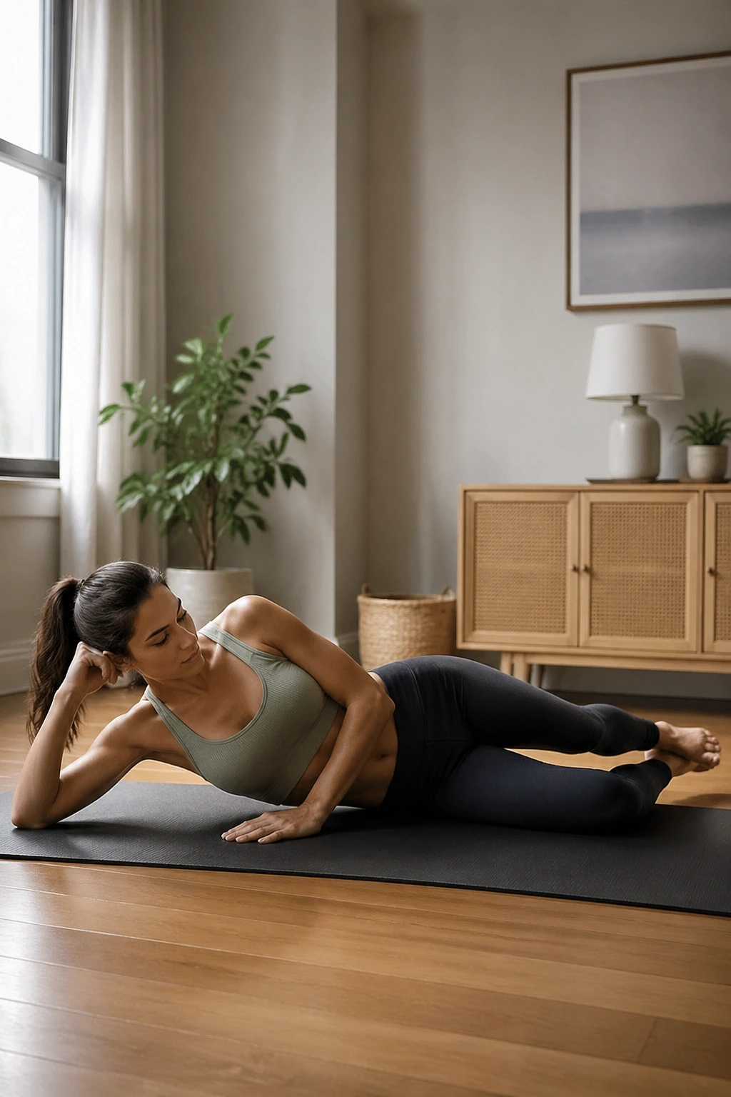Side-lying bottom-leg hold showing isometric inner-thigh engagement