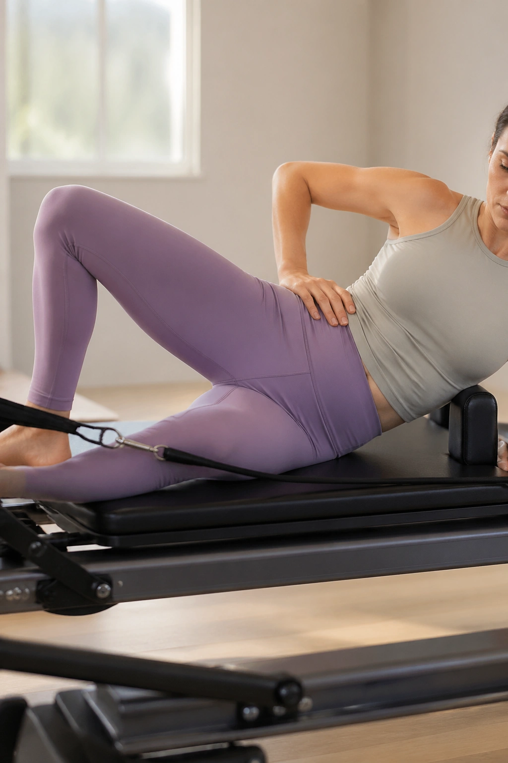 Side-lying inner thigh series on reformer highlighting inner thigh engagement