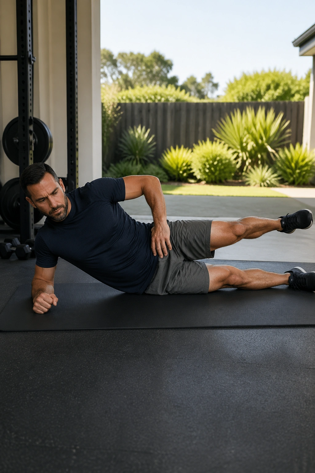 Man performing side-lying leg lifts on mat