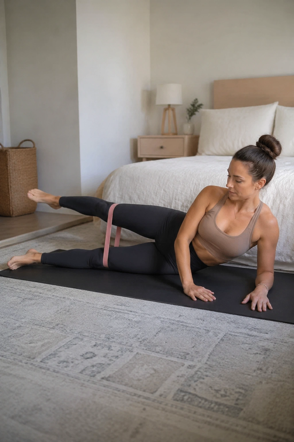 Real person performing Side-Lying Leg Series for Outer Hips in a home setting