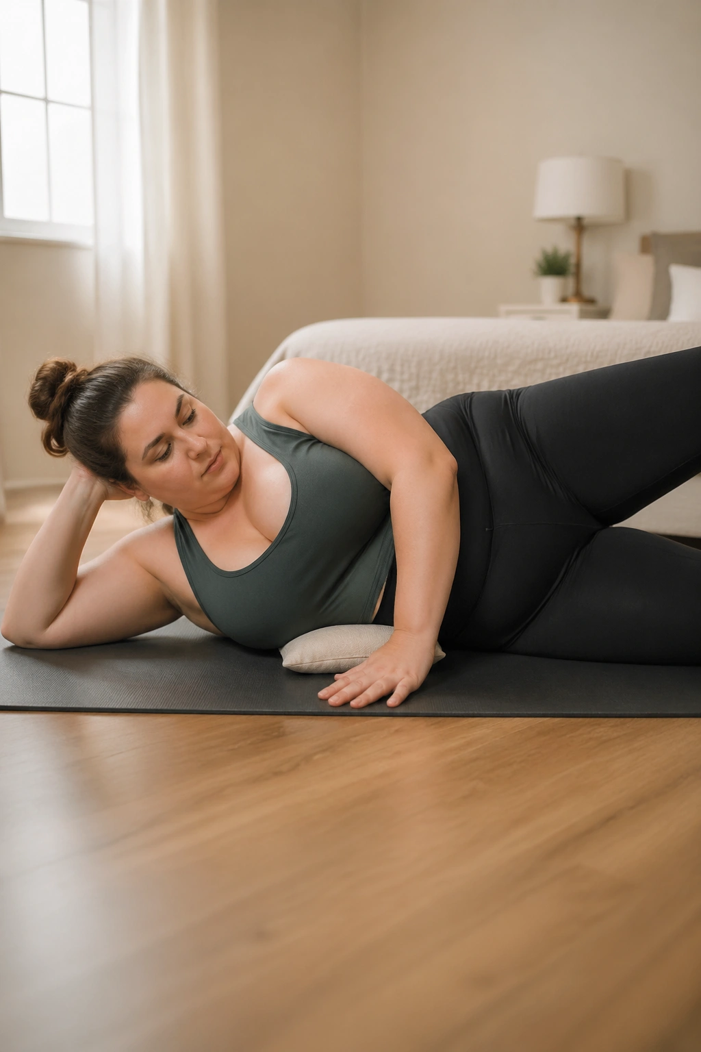 Real woman performing side-lying leg series with pillow support.