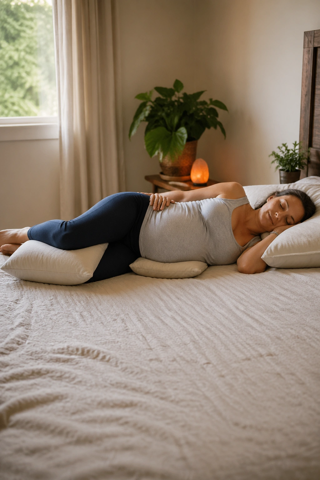 Pregnant woman side-lying in savasana with pillows in a softly lit bedroom
