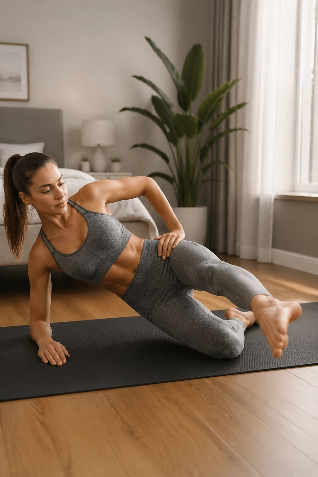 Real person performing side-lying lower-core sweep for obliques and lower abs