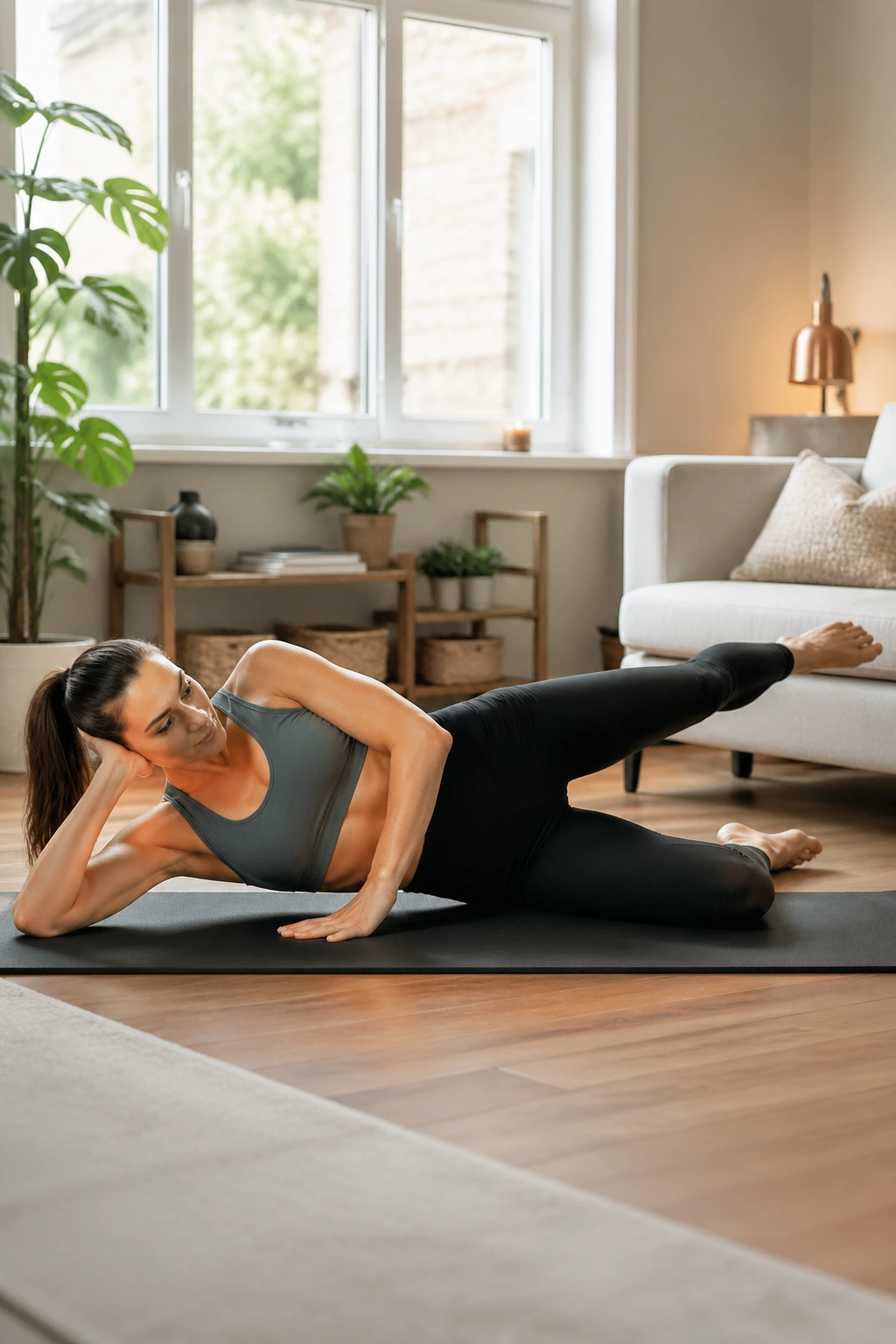 Side-lying top-leg lift on a mat in a calm home setting