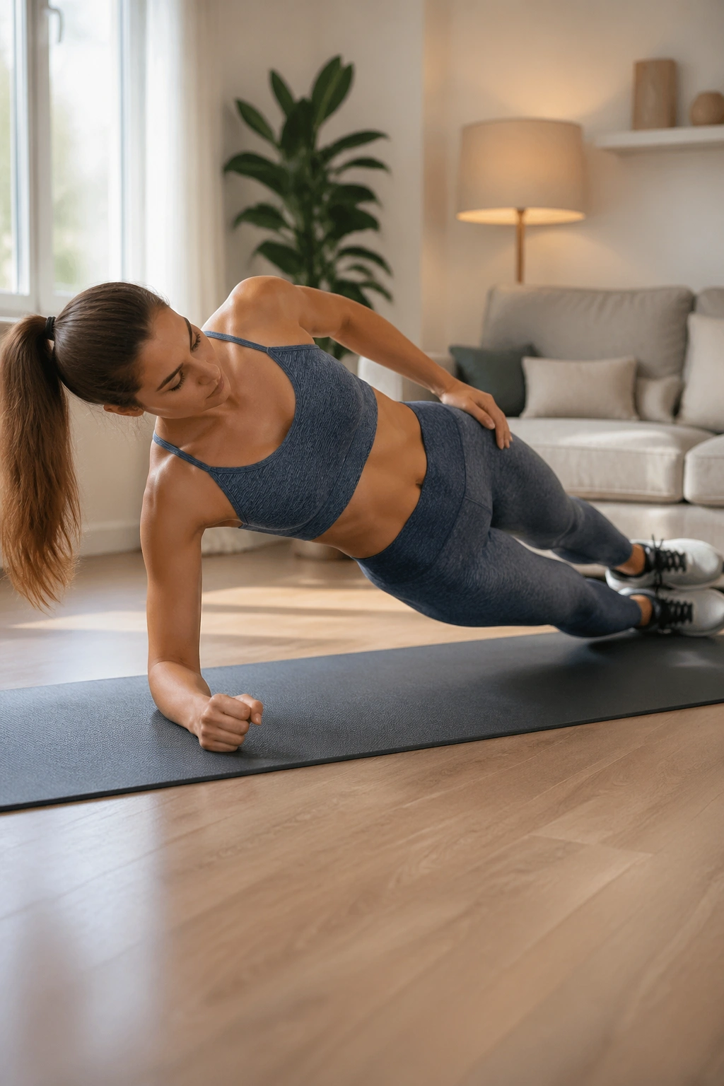 Person performing side plank hip dips in a living room