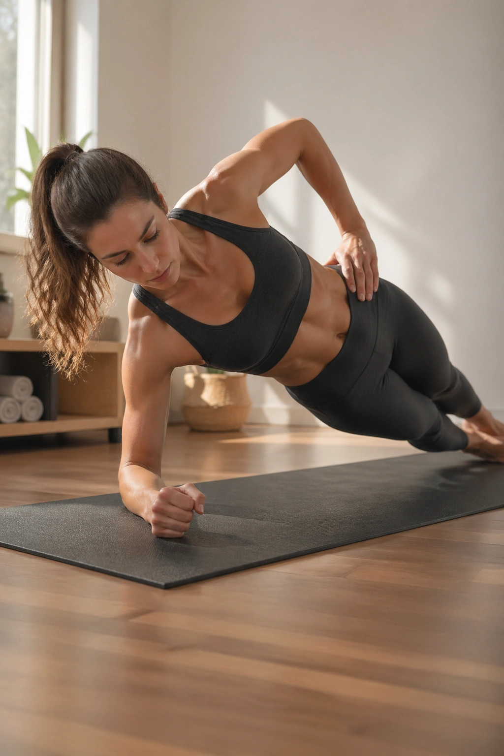 Real person performing side plank hip lift on mat, torso stacked and hips lifted