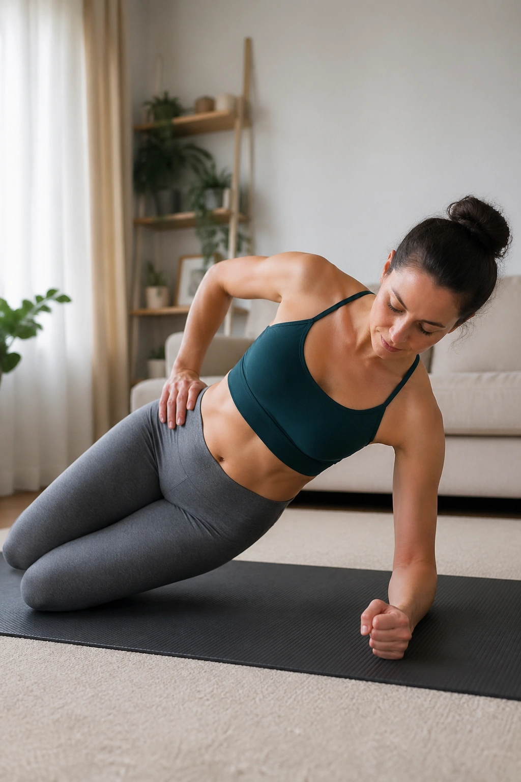 Real person in knee-supported side plank showing hip alignment