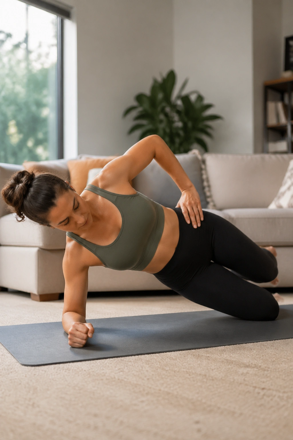 Person performing knee side planks at home