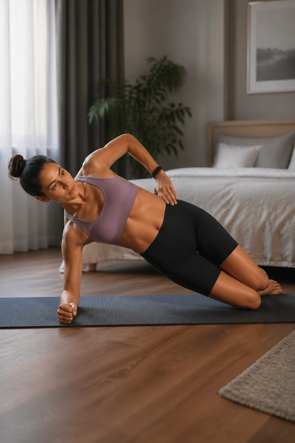 Side plank on the knee showing oblique engagement