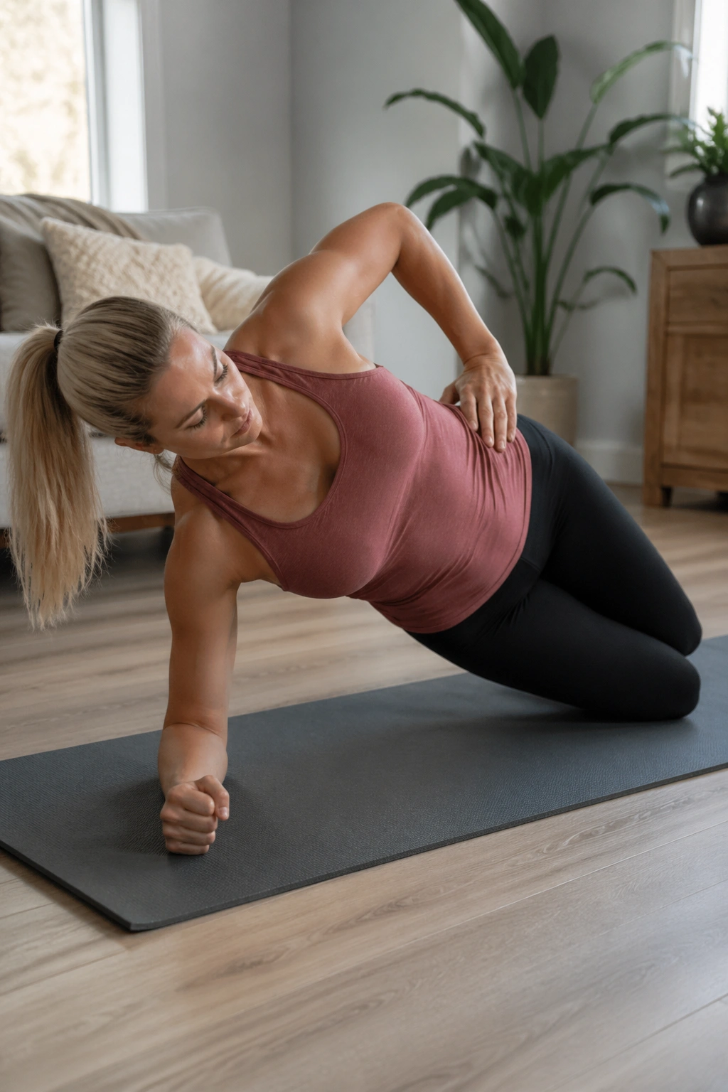 Close-up of a person performing knee-down side plank, elbow under shoulder, hips lifted