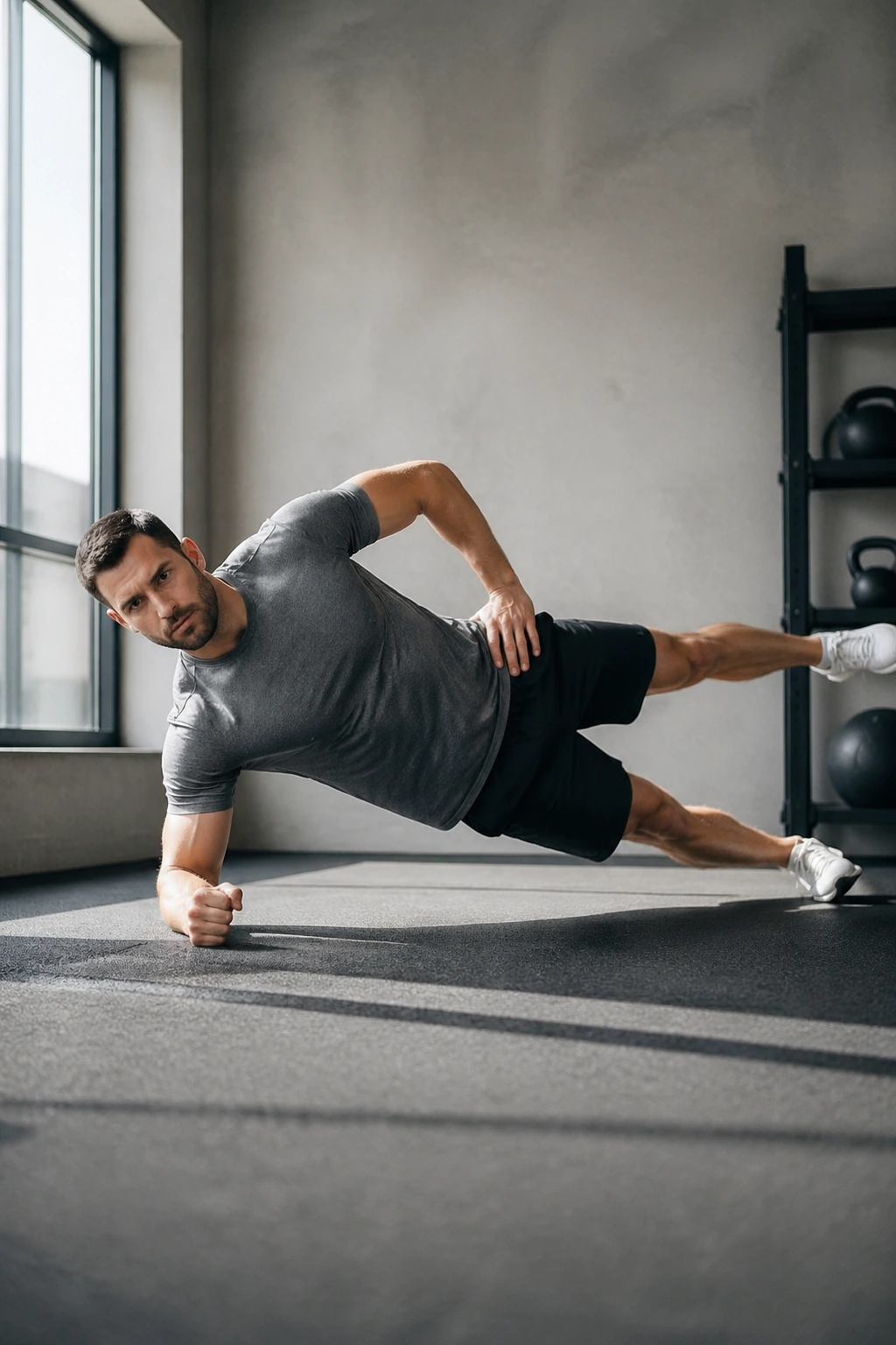 Man in side plank with top-leg lift