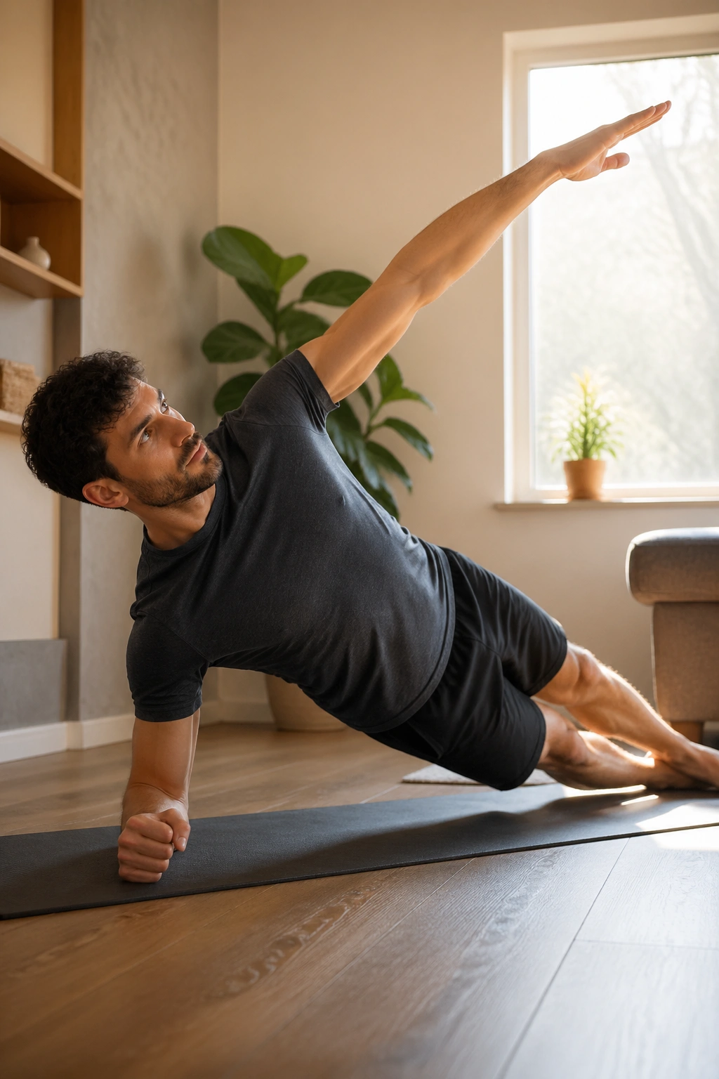 Real person in side plank reaching the top arm for oblique and shoulder control