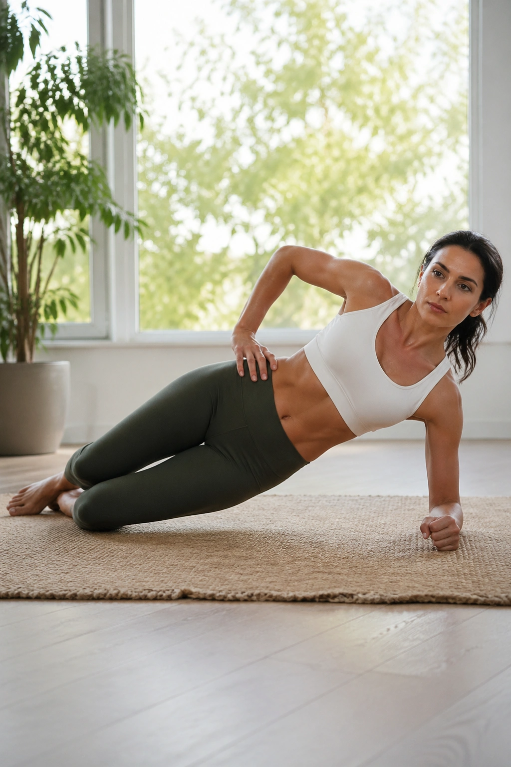 Medium close-up of a person in a knee-down side plank for obliques in a sunlit room