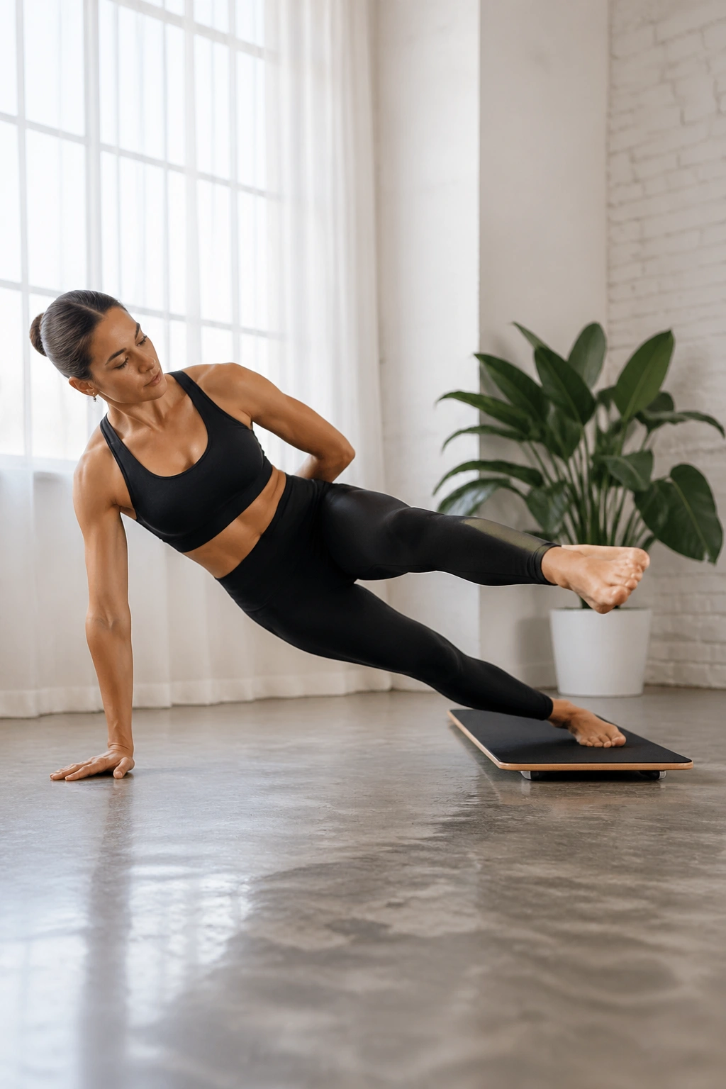 Profile view of side plank with top-leg sweep on Pilates board.