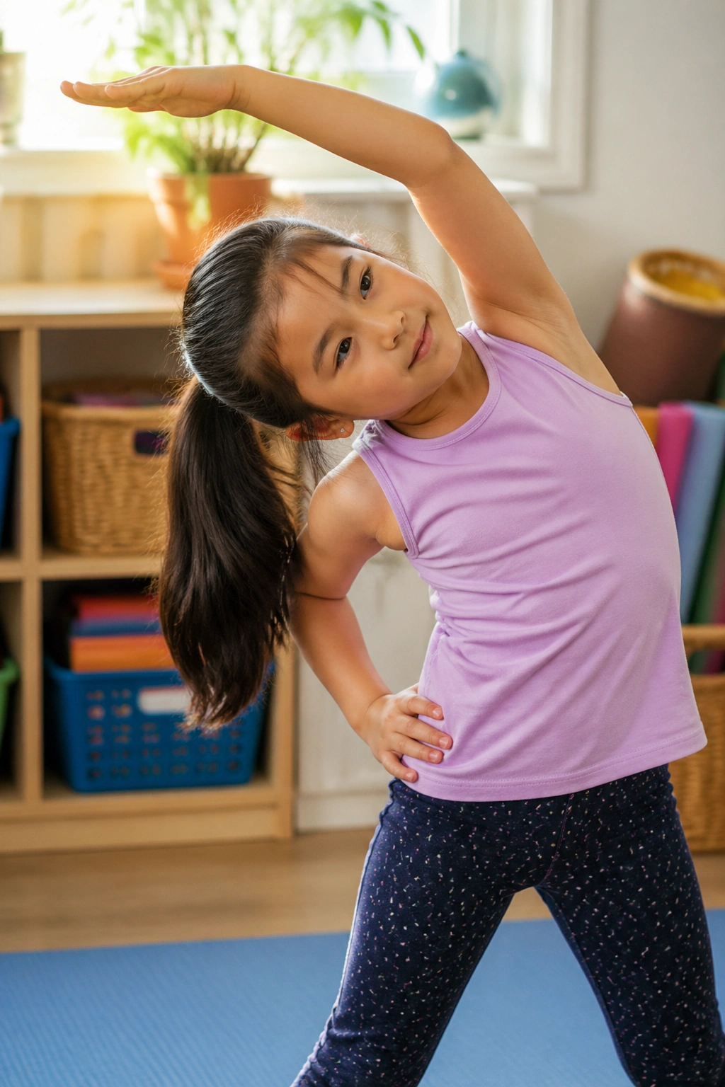 Close-up of a child in Side Stretch pose in a bright classroom.