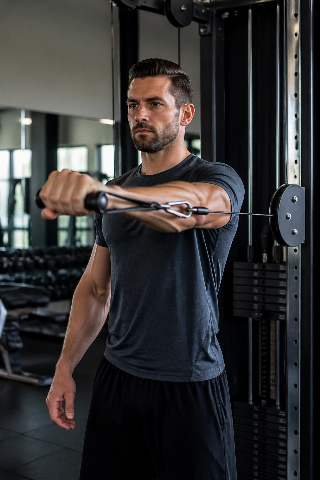 Athlete performing single-arm cable press with square hips and engaged core