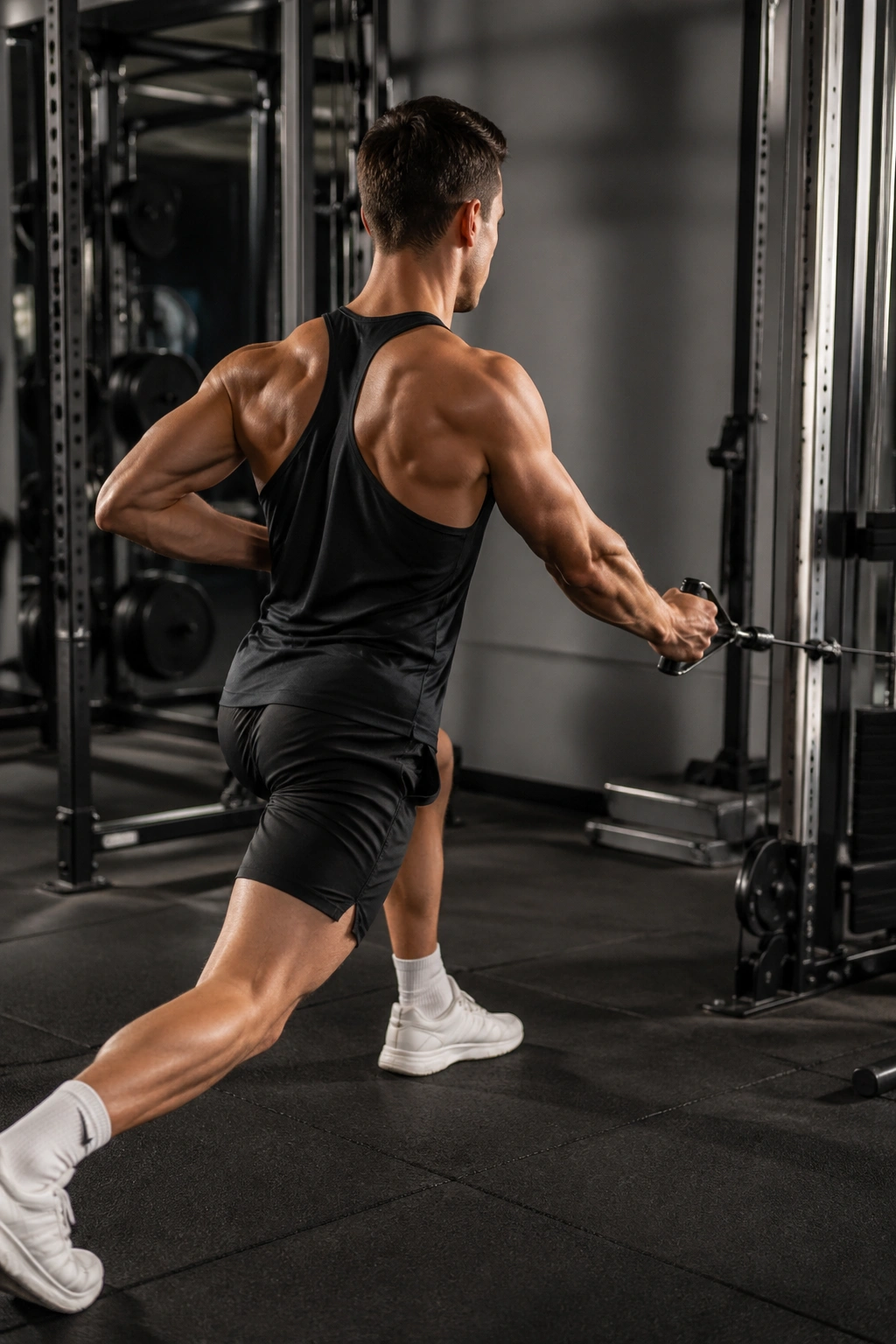 Person performing a single-arm cable row with controlled torso, focusing on lat and mid-back tension.