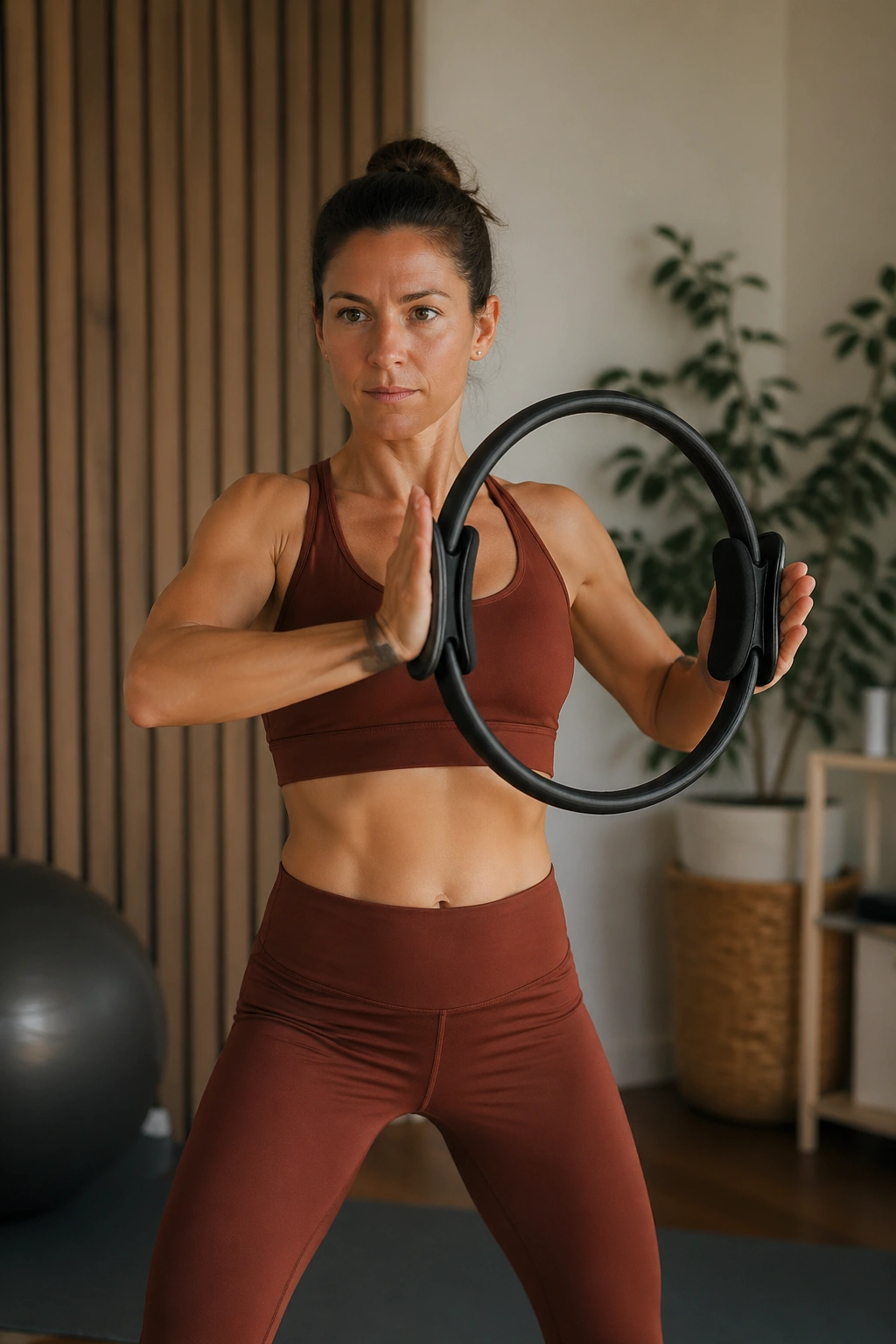 Medium close-up of a person performing single-arm offset press with Pilates ring