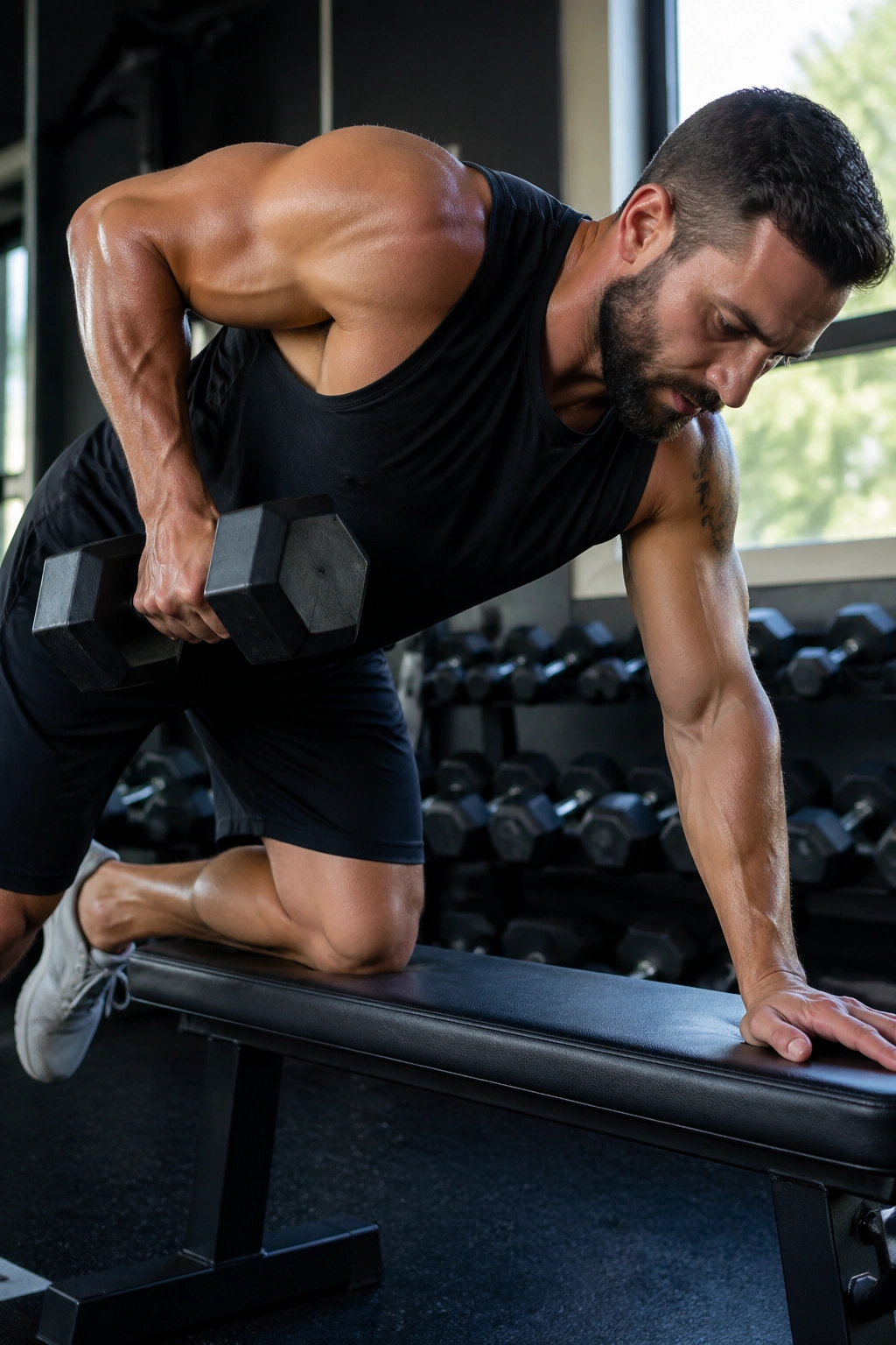 Portrait of a person performing single-arm dumbbell row isolating one side