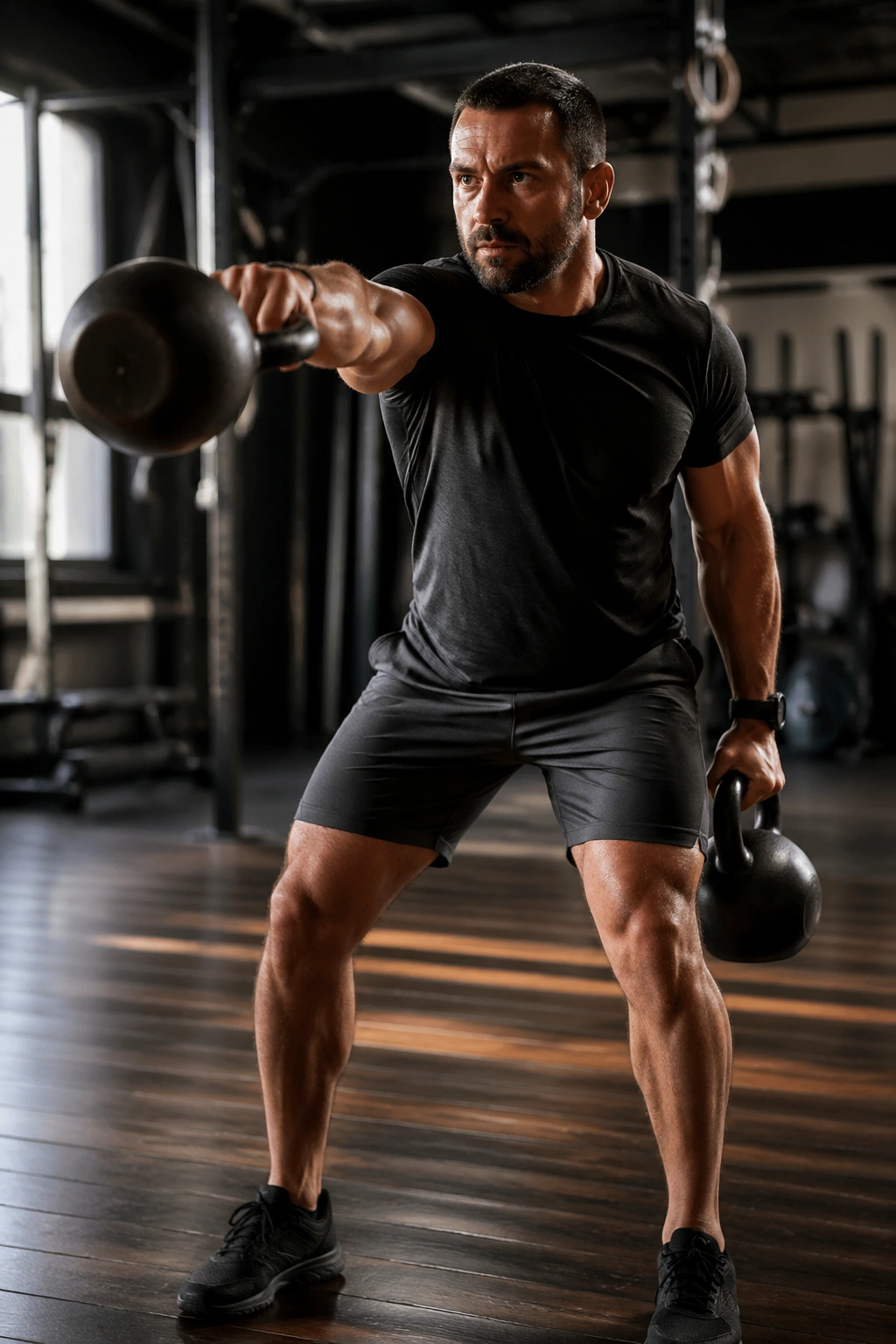Lifter performing single-arm kettlebell swing with carry setup in gym
