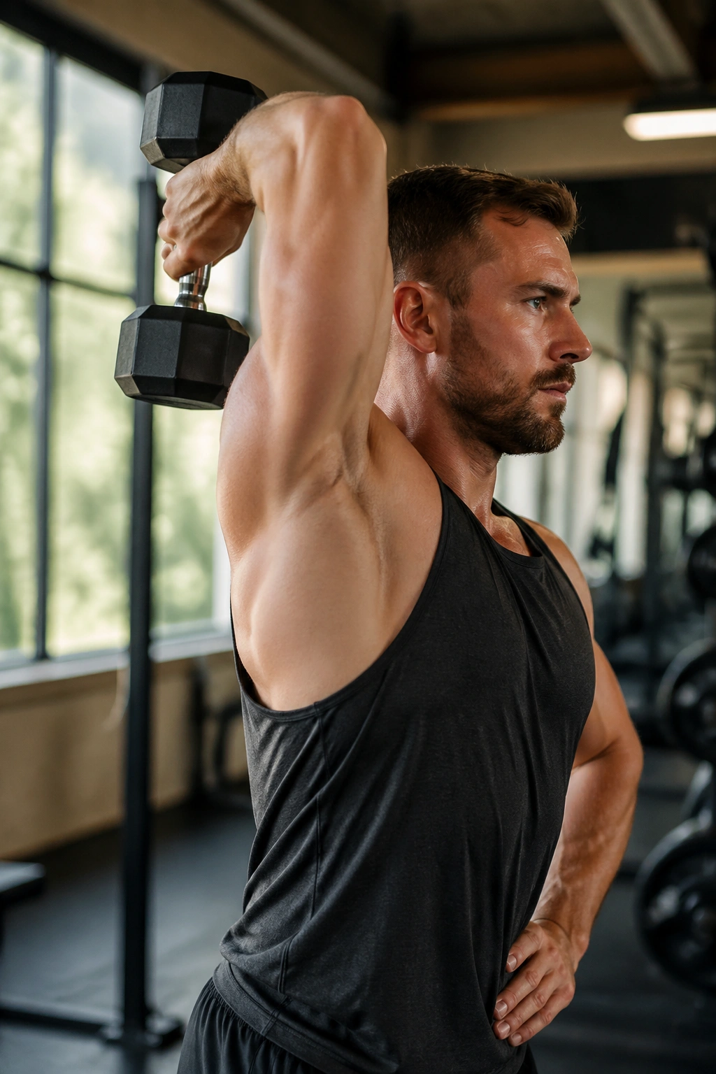 Close-up of a real person performing a single-arm overhead triceps extension with a dumbbell in a gym
