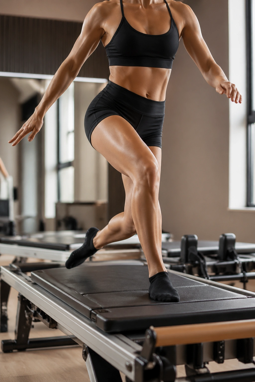 Close-up of alternating leg switches on reformer with pelvis square.
