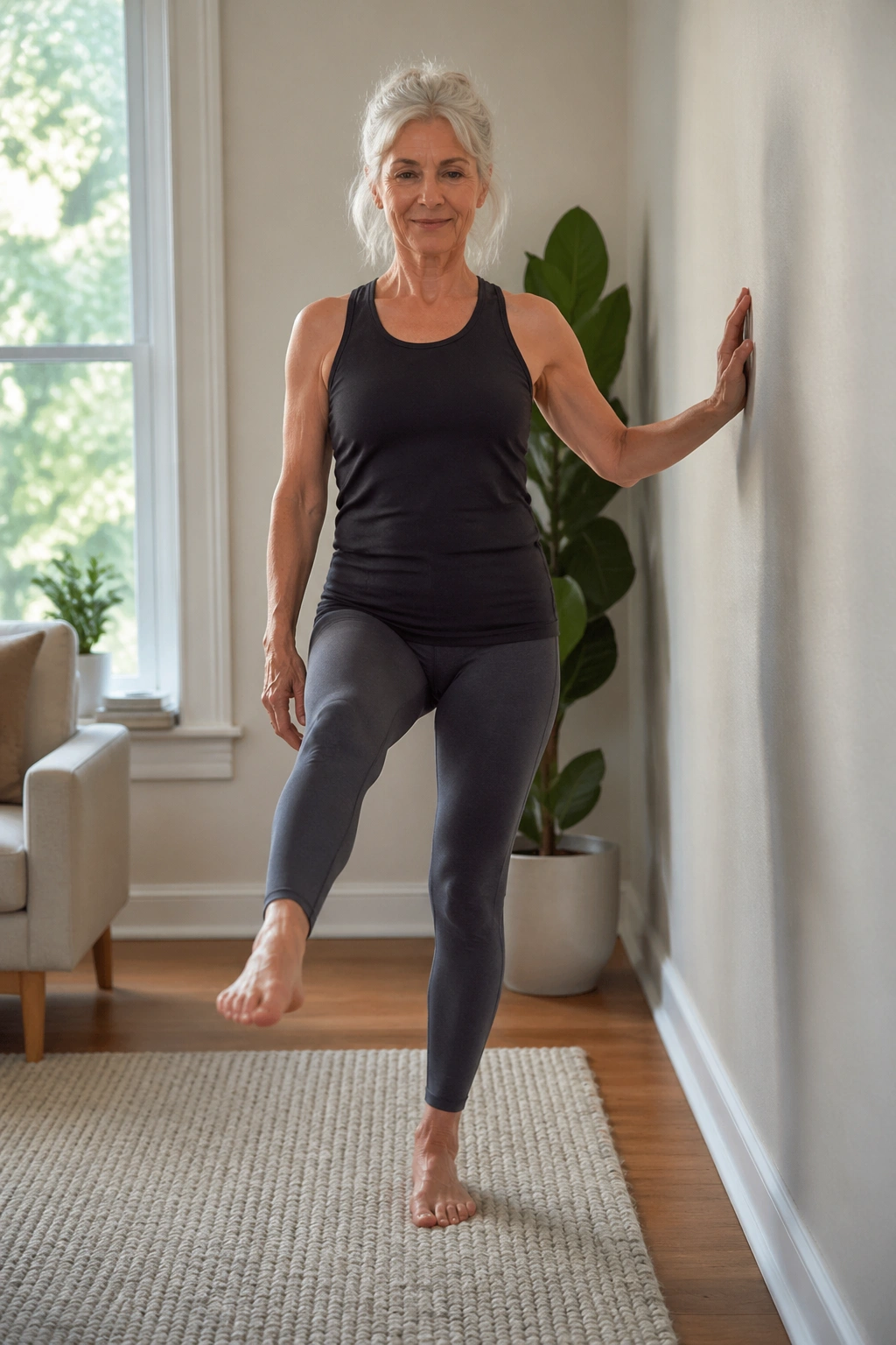 Person performing single-leg balance taps near a wall in a home setting