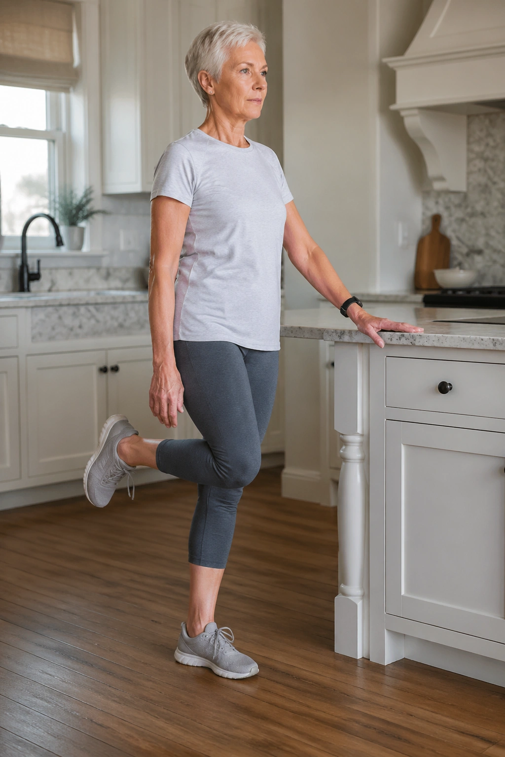 Single-leg balance exercise with counter support for hip stability