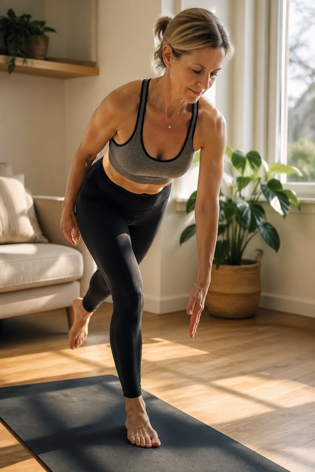 Medium close-up of a real woman performing Single-Leg Balance Reaches on a yoga mat