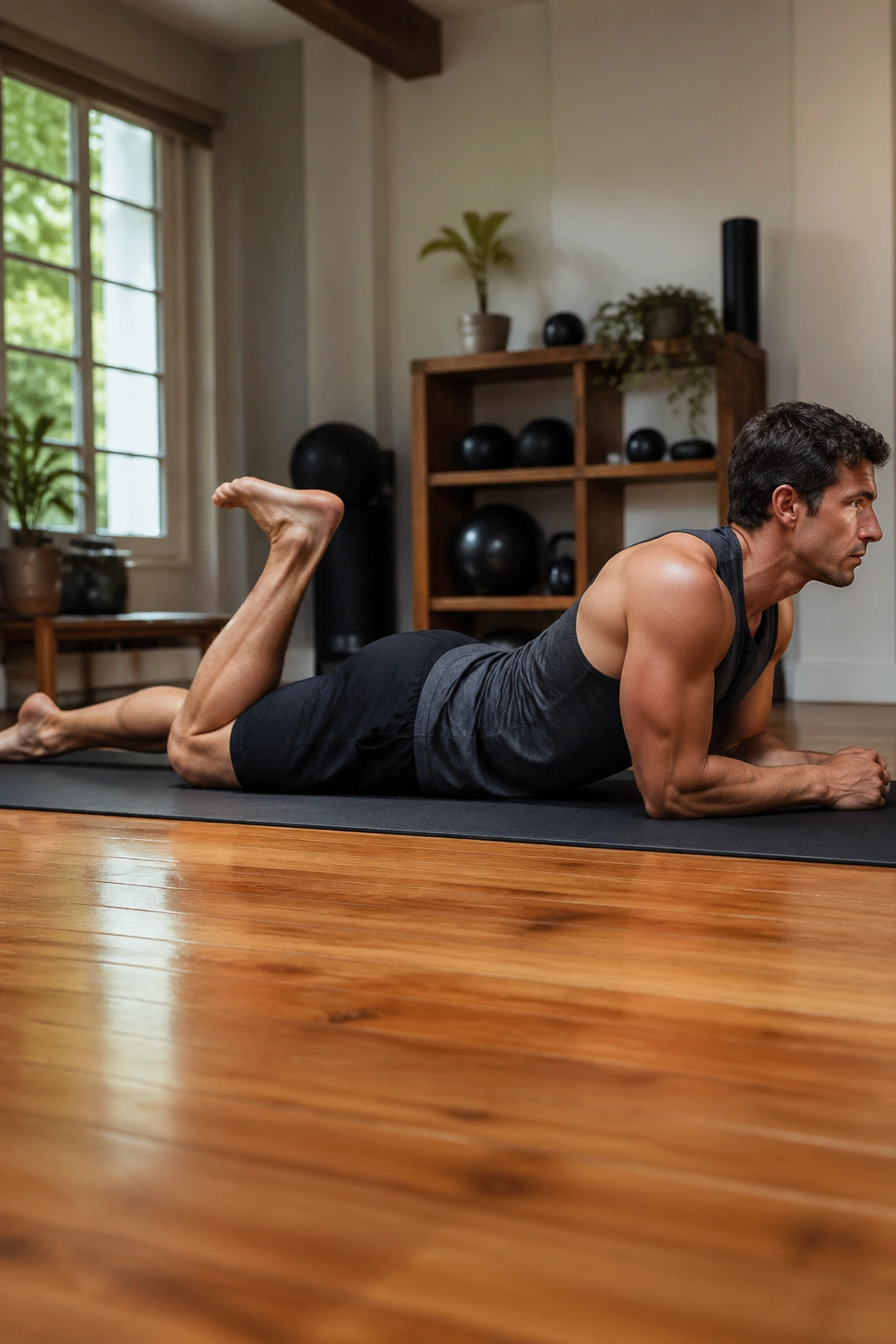 Side view of single-leg kick on a mat during Pilates at home.