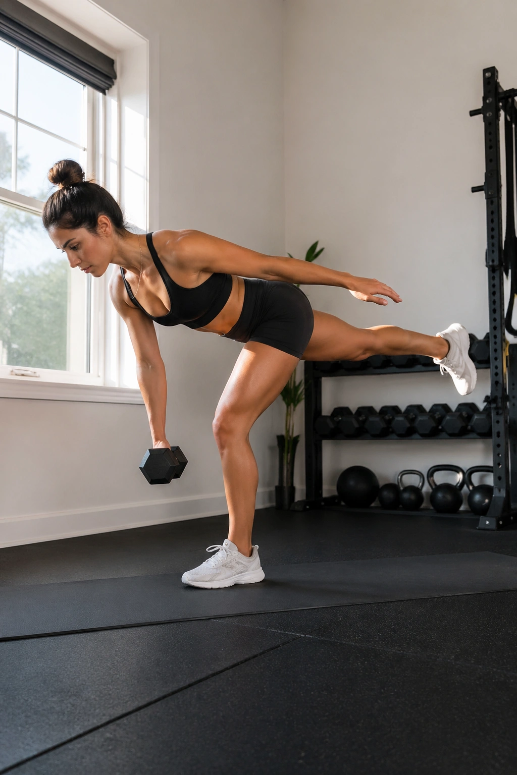 Athlete performing single-leg RDL with dumbbell for hamstring and glute development