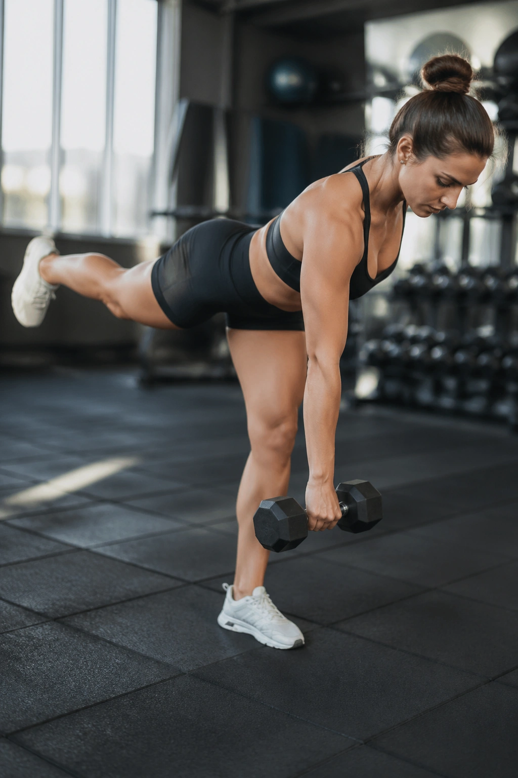 Lifters performing single-leg Romanian deadlift emphasizing hip hinge and balance in gym