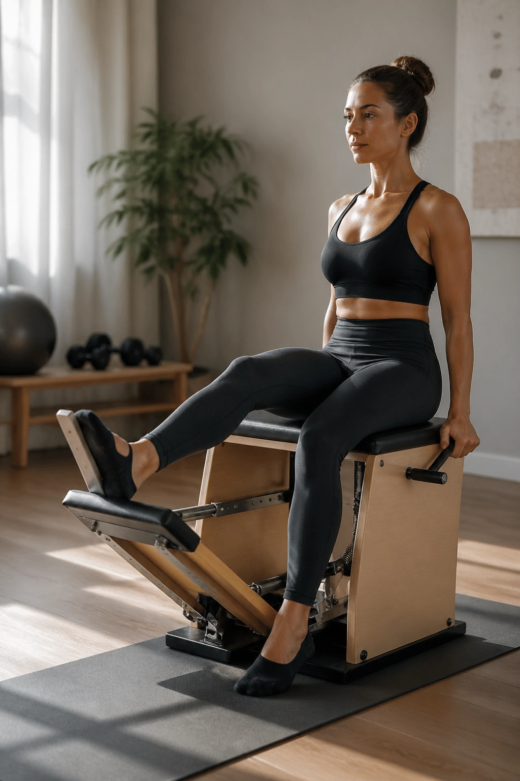 Single-leg seated press on pilates chair